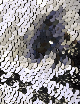 closeup macro of overlapping colored sequins, primarily silver