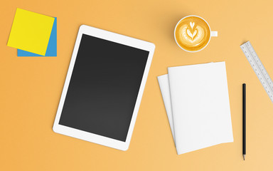 Modern workspace with coffee cup, blank paper and tablet copy space on orange color background. Top view. Flat lay style.
