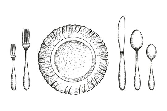 Plate dining room with fork spoons and knife vector sketch. cutlery set. handmade isolated vintage drawing on white background