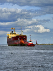 Industrial view of the Gdansk harbor , Poland.- The ship is being renovated for repair at Gdansk...