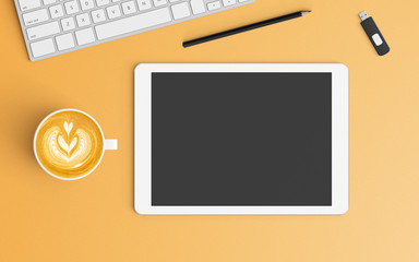 Modern workspace with coffee cup, keyboard and tablet copy space on orange color background. Top view. Flat lay style.