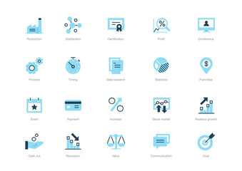 Set of blue flat business icons isolated on light background.