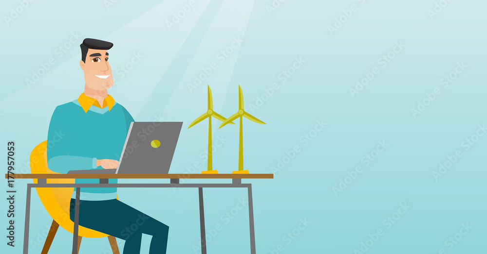 Poster happy caucasian worker of wind farm working on a laptop. engineer projecting wind turbine in office.