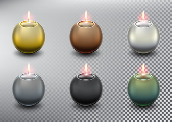 Set of 6 colorful vector ball candles. Spherical candles. Realistic and isolated with transparent burning flame and shadow on the white background. Vector illustration. Eps10.