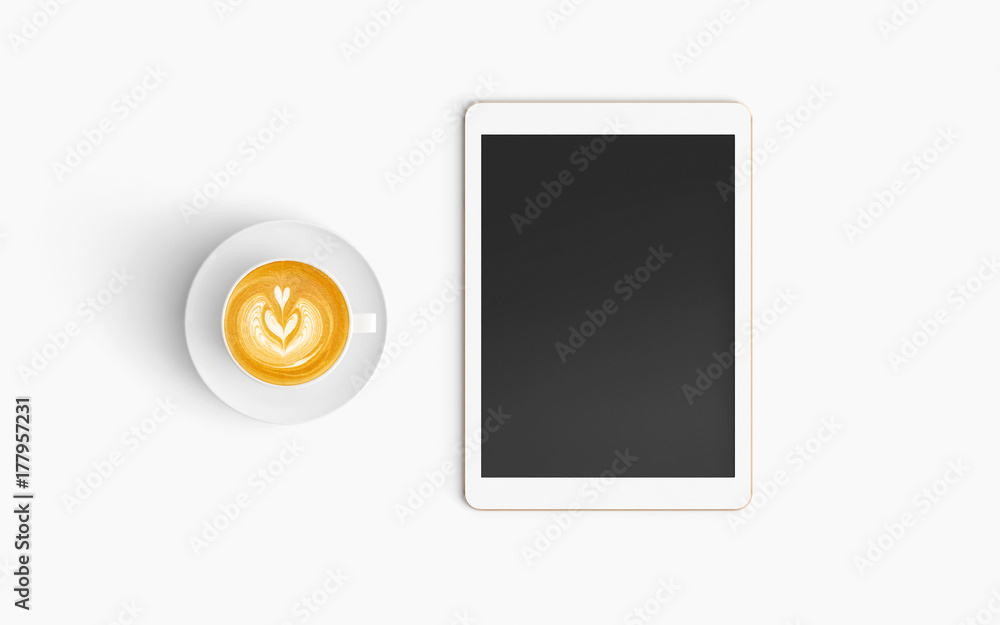 Fototapete modern workspace with coffee cup and tablet copy space on white color background. top view. flat lay