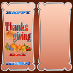 Holiday design with 3d texts, leaf in autumn colors and harvest for Thanksgiving day celebration; Vector illustration