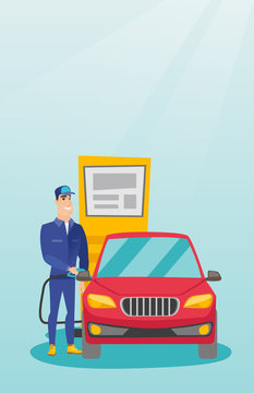 Caucasian gas station worker filling up fuel into the car. Smiling worker in workwear at the gas station. Young gas station worker refueling a car. Vector flat design illustration. Vertical layout.