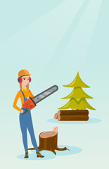 Caucasian female lumberjack holding chainsaw. Lumberjack in workwear, hard hat and headphones at the forest near stump. Young lumberjack chopping wood. Vector flat design illustration. Vertical layout