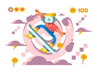 Man play in helmet of virtual reality