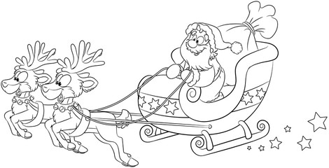 Weihnachtsmann im Schlitten mit Rentieren -
 Vektor-Illustration