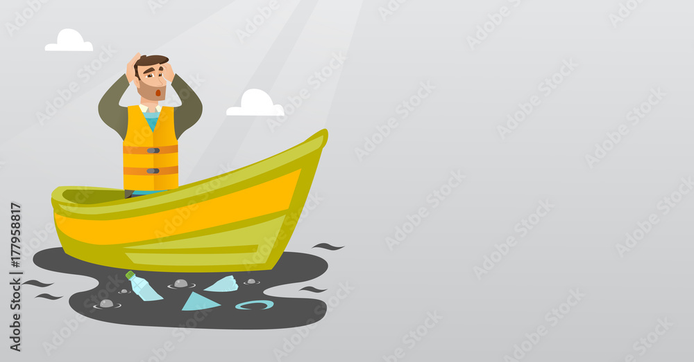 Poster sanitation worker floating in a boat and catching garbage out of water. man clutching head while loo