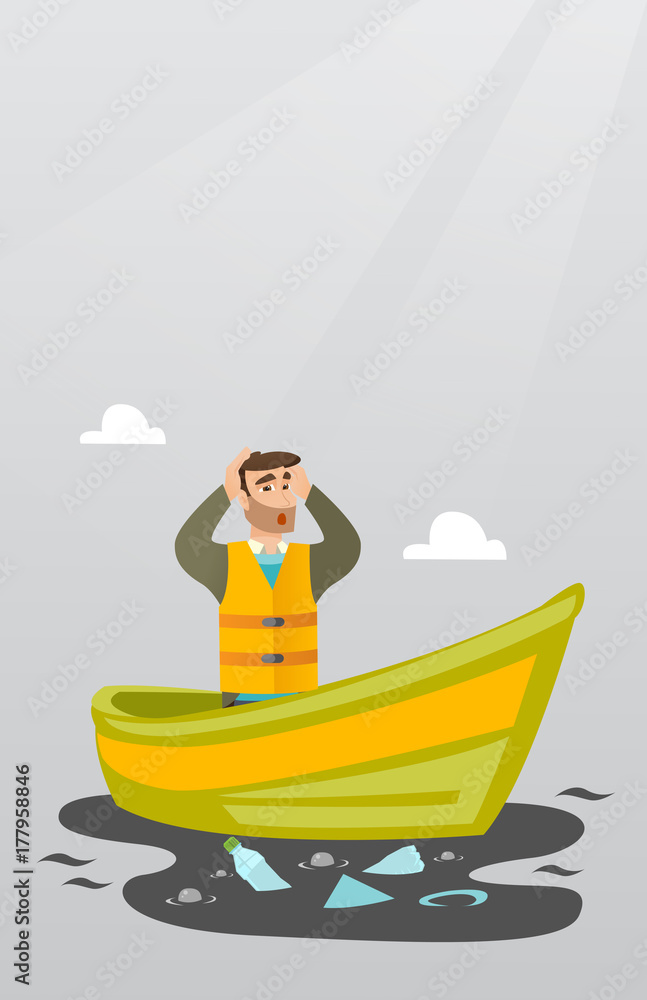 Poster sanitation worker floating in a boat and catching garbage out of water. man clutching head while loo