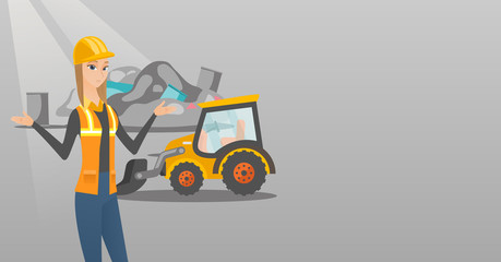 Worker of rubbish dump standing with spread arms. Woman standing on the background of rubbish dump and bulldozer. Caucasian worker of rubbish dump. Vector flat design illustration. Horizontal layout.