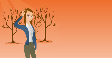 Woman scratching head in dead forest. Illustration of woman in dead forest caused by global warming or wildfire. Environmental destruction concept. Vector flat design illustration. Horizontal layout.