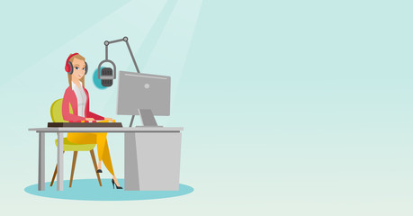 Young dj working in front of microphone, computer and mixing console on the radio. Caucasian news presenter in headset working on the radio station. Vector flat design illustration. Horizontal layout. - obrazy, fototapety, plakaty