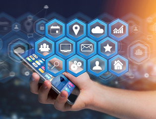 Application center displayed on a futuristic interface with technology icon - Worldwide business...