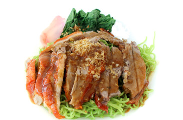 Roasted duck green noodles isolated