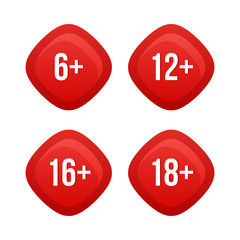 Vector red icons, badges, tags with age rating isolated on white background.