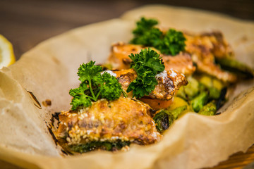 Detail on special designe for food on wooden table.