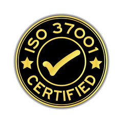 Black and gold color ISO certified with mark icon round sticker on white background