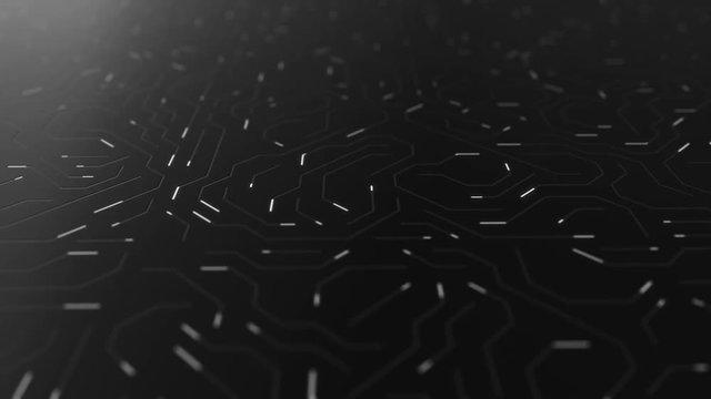 Abstract circuit board futuristic background. Server computer code processing technology with bokeh. 3D Illustration/rendering circuit board.