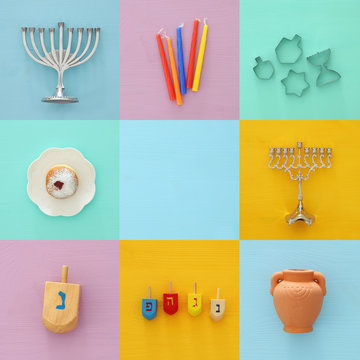 jewish holiday Hanukkah collage background with traditional spinnig top, menorah (traditional candelabra), doughnut and candles