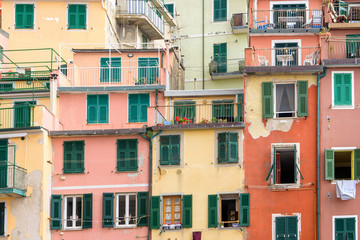 Fototapeta na wymiar View to buildings and sky in a foggy day. Vernazza, Cinque Terre, Italy