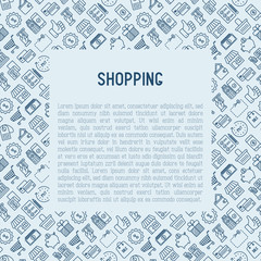 Shopping concept with thin line icons: cashbox, payment, pos terminal, piggy bank, sale, currency, credit card, trolley. Template for web page of online shop. Vector illustration with place for text.