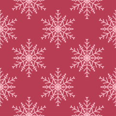 Snowflakes seamless pattern. Cherry red background with christmas elements
