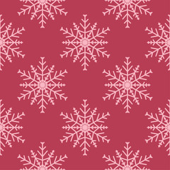 Snowflakes seamless pattern. Cherry red background with christmas elements