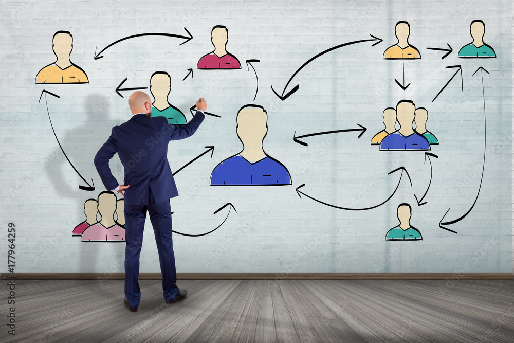 Poster hand drawn network interaction with different group of people on a futuristic interface
