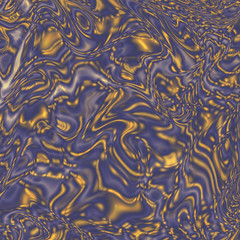 Abstract colorful chaotic golden and faded blue waves. Digital fractal art. 3D rendering.