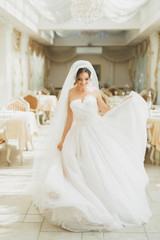 Obraz premium Beautiful bride wearing fashion wedding dress with feathers with luxury delight make-up and hairstyle, studio indoor photo shoot