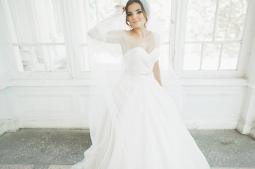 Beautiful bride in wedding dress with long full skirt, white background, dance and smile