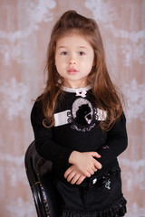 Young brunette dolly lady girl stylish dressed like a boss in white official shirt black skirt...