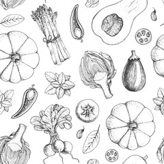 Vegetables seamless pattern. Farmers market menu design template. Organic vegetables food packaging pattern. Vintage hand drawn sketch vector illustration. Line art graphic. Engraved style.