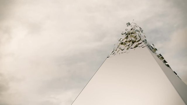 Abstract animation of a white pyramid shell crumbling to reveal a gold interior. 4K UHD animation. Broadcast quality title / opener / intro.