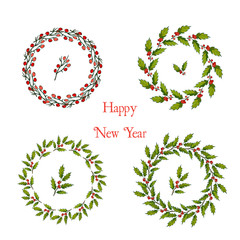 Set of christmas and New Year holly wreath