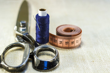 Scissors, coils of multi-colored threads, centimeter, pins with needles, sewing chalk.