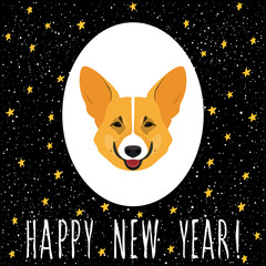 New year of the dog card template. Cute welsh corgi dog portrait and abstract hand drawn pattern