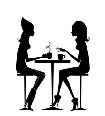 Fashion Silhouette of Two Girlfriends Having Coffee