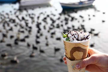 Caffe latte by the sea