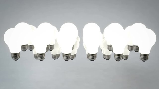 A techno 3d rendering of raising light bulbs. They do it together in lines including six bulbs. It looks like a modern conveyer work. The background is grey and monophonic.