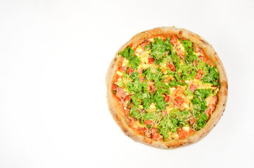Spicy pizza with seasoning. Pizza with bacon, tomatoes and cheese,