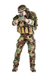 Portrait soldier or private military contractor holding sniper rifle.