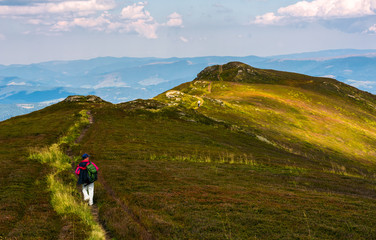 Fototapeta premium tourist on a foot path of mountain ridge. beautiful travel scenery