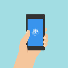Fingerprint recognition on smartphone screen with hand holding the phone. Flat vector mobile phone illustration.