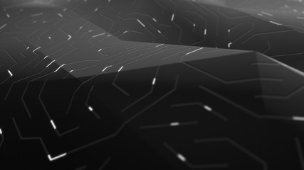 Abstract circuit board futuristic background. Server computer code processing technology with bokeh. 3D Illustration/rendering circuit board.