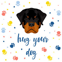 New year of the dog card template. Cute rottweiler dog portrait and dog paw pattern background