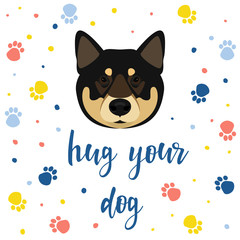 Fototapeta na wymiar New year of the dog card template. Cute shiba inu dog portrait and dog paw pattern background